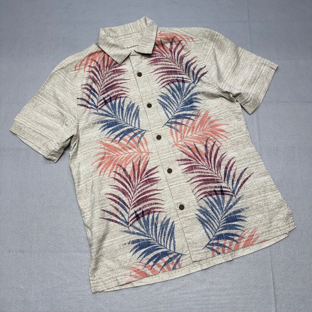 Tommy Bahama Mens Medium Silk Camp Shirt Beige Tropical Palm Leaf Short Sleeve